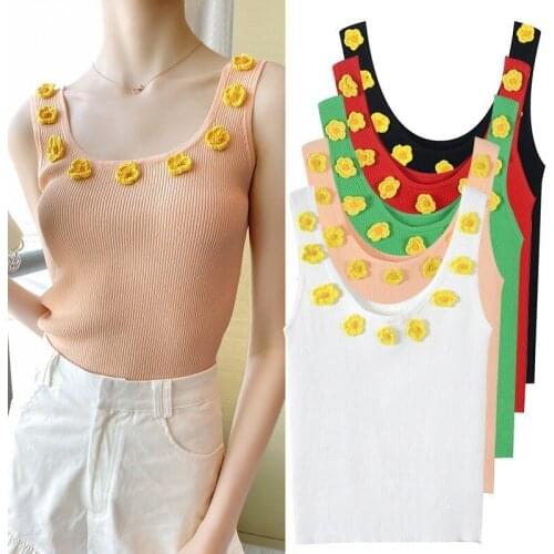2020 Summer New Females sexy Sleeveless Knitted Crop top Fashion girls sweet Flower Crochet Candy Color knitting Tank top JC470