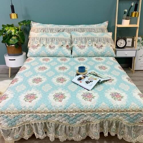 2019 new products Cotton quilting Bedspread Fitted Sheet Pillowcases 2/3pcs Lotus leaf lace Princess Style Bedding