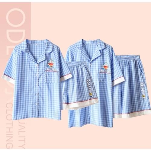 Summer new cartoon cute cardigan home service couple plaid loose men and women pajamas suit short-sleeved shorts