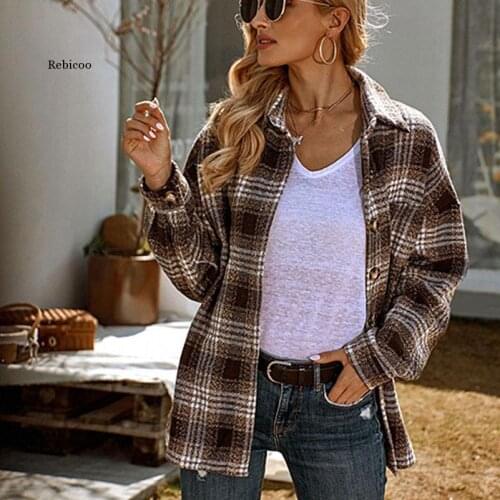 Office Lady Checked Shirt Spring Autumn Vintage Plaid Women Casual Blouses Long Sleeve Button Loose Thick Tops