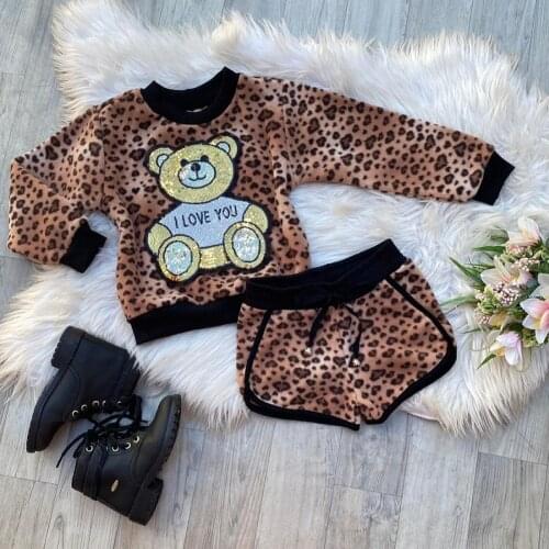 Girls Fall Clothes Kids Clothes Suit Children Clothes Bear Leopard Print Girl Pullovers Tops+Shorts Outfit Girls Clothing Sets