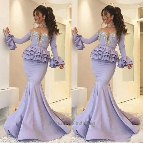 Luxury Lilac Mermaid Prom Dresses With Crystal Long Sleeve Pleat Peplumn Long Evening Dress 2020 Plus Size African Party Dress