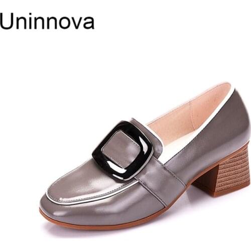 Uninnova Womens Glossy Patent Leather Buckle Med Heels Pumps Black Olive Green Gray Shoes Plus Size 43 Small Size 33 WP089