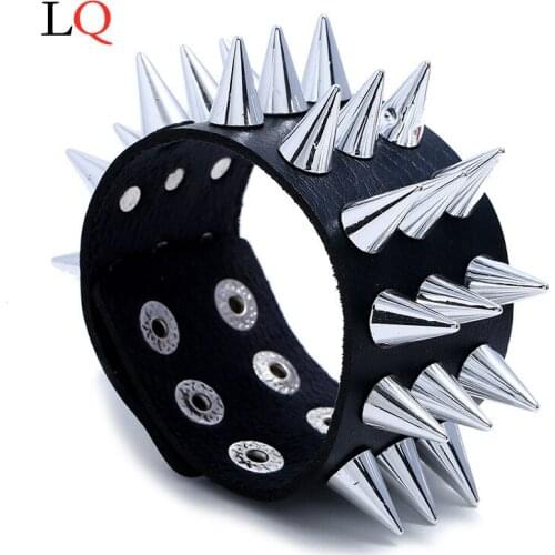 Unique Four Row Cuspidal Spikes Rivet Stud Wide Cuff Leather Punk Gothic Rock Unisex Bangle Bracelets Men Jewelry Hiphop/Rock