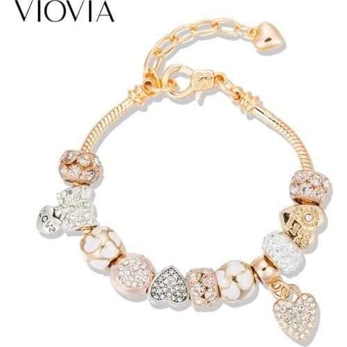 VIOVIA Classic Jewelry Heart Charm Bracelet for Women Fashion Chain Crystal Beads Bracelets & Bangles Girls Gift B19046