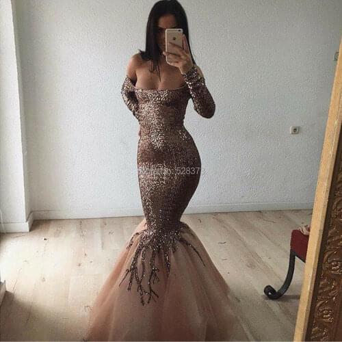 YNQNFS PD49 Boat Neck Off Shoulder Long Sleeves Sequins 2018 New Arrival Mermaid Prom Bridesmaid Dresses Graduation Party Dress