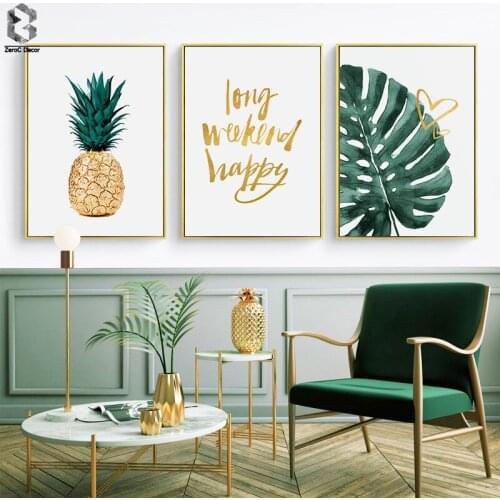 Green And Gold Pineapple Monstera Plant Painting Large Leaf Poster Print Wall Art For Living Room Aisle Unique Nordic Decoration