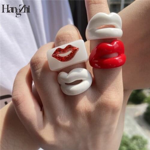 HANGZHI 2021 New Korean Summer Resin Red Lip Shape Finger Rings Geometric Irregular for Women Party Jewelry Gifts
