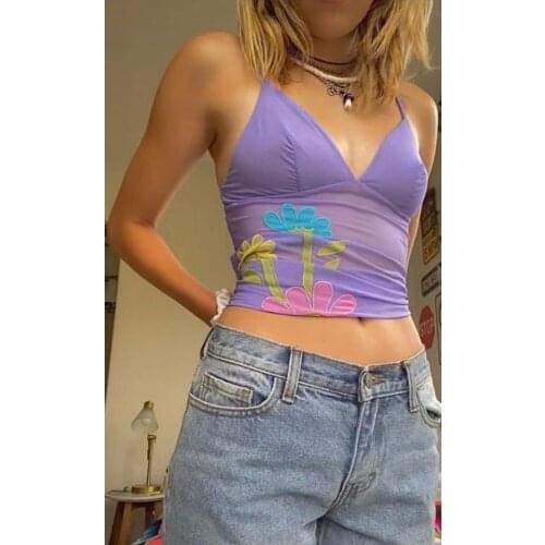 Women Sexy Sleeveless V-neck Sling Tops Camisole Girls Fashion Flower Print Vest Top Casual Slim Fit Crop Top Womens Camis