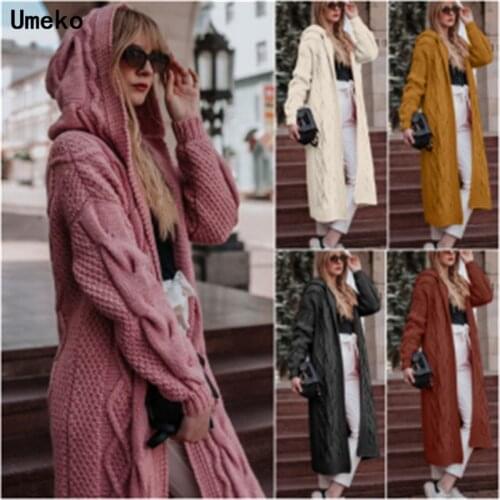 2020 New 6 Colors Women Knitted Cardigan Winter Thick Warm Hooded Long Cardigan Female Long Sleeve Vintage Sweater Outwear Coats
