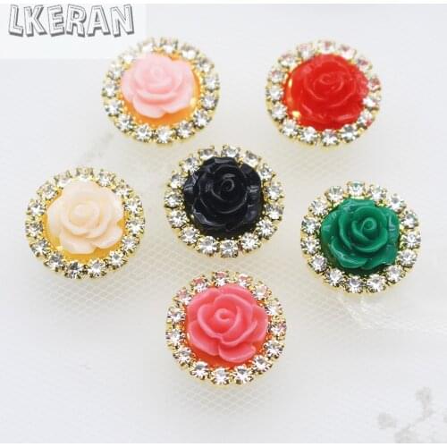 10PCS 16MM Gold Resin Rose Flat Rhinestone Metal Buttons Crafts For Diy Flatback Embellishments Dress Decoration Accessories