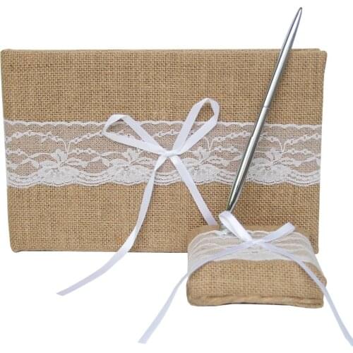2Pcs/set New Fashion Burlap Hessian Lace Wedding Guest Book& Pen Set Bridal Decoration Product Supplies
