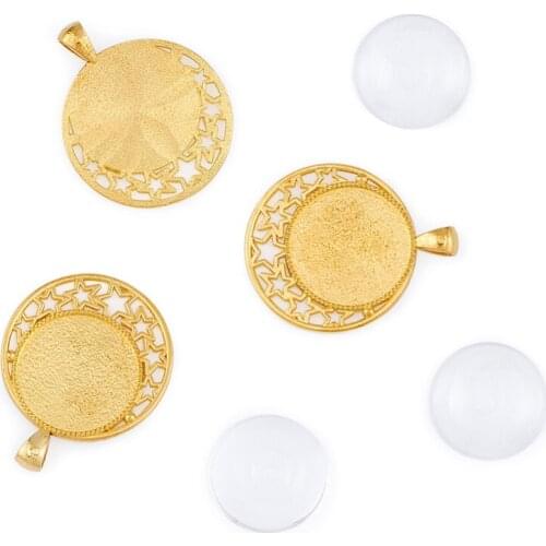 6 sets/box Alloy Pendant Cabochon Bezel Settings with 25mm Clear Glass Cabochons for DIY Jewelry Making,Antique Silver/Golden