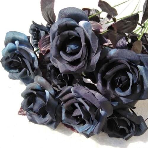 9pcs/Set Artificial Black Rose Flower Bouquet Simulation Plant Real Touch Fake Flowers for Home Wedding Decoration Floral