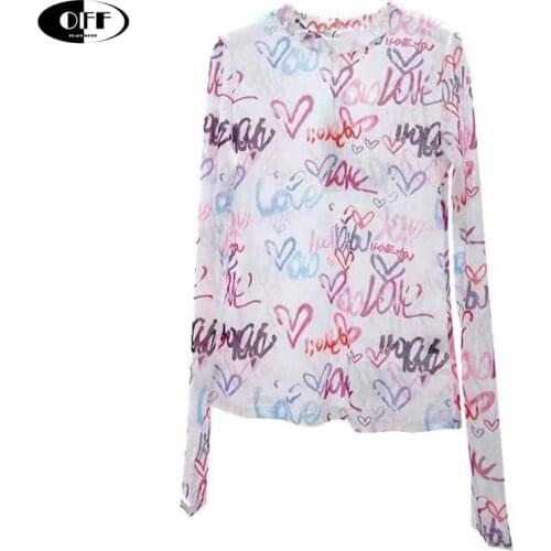 Summer Colorful Mesh Long Sleeve Tops Love pattern Korean chic fashion Elasticity blouses outwear slim bodycon club blouse top