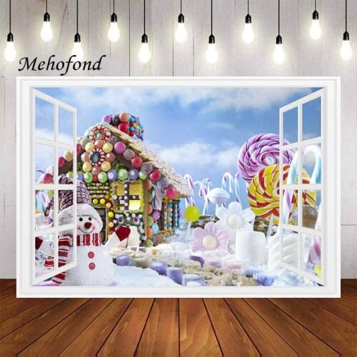 Mehofond Photography Background Christmas Window Gingerbread House Candy Snowman Kid Party Family Portrait Backdrop Photo Studio
