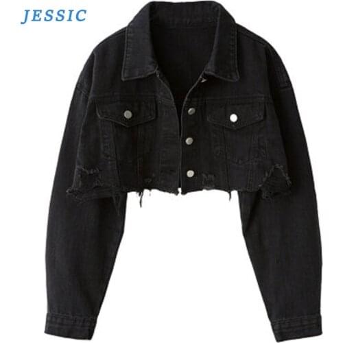 JESSIC 2020 Autumn Women Denim Jacket Long Sleeve Fashion Streetwear Casual Loose Outwear Short Ripped Jeans Jacket Coat