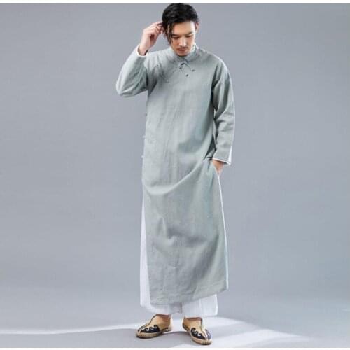 Chinese vintage Pure color simple long robe Mens comfortable soft cotton linen cross collar comic dialogue stage costume