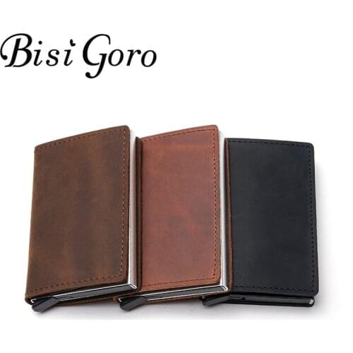 BISI GORO Leather Smart Wallet ANti Aluminum Box RFID Slim Thin Single Box New Card Case Clutch Card Holder