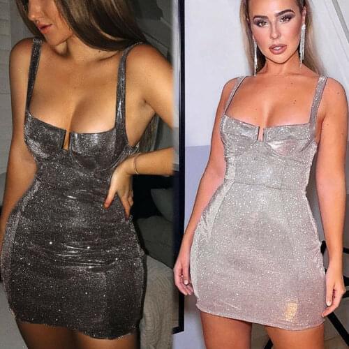 Summer Fashion Sexy Female Women Sleeveless Strappy Bodycon Dress Night Club Mini Short Sequined Bling Dress