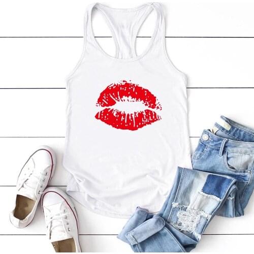 Summer Loose Femme Ladies Vest Ropa Mujer Tee Shirt Red Sexy Lips Print Tank Tops Women O-Neck Sleeveless Casual Tees Tops