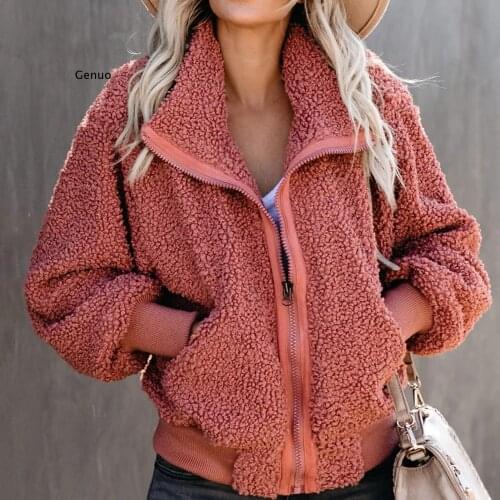Fashion Women Winter Casual Warm Solid Color Zipper Pockets Fleece Coat Jacket
