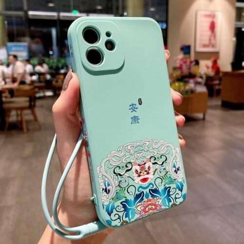Chinese Auspicious Retro Palace Soft Gel Liquid Phone Cases For iPhone 6 6s 7 8 Plus X XR Xs Max 12 Mini 11 Pro Casing Straps