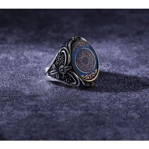 Fiery Amber 925 Sterling Silver Seal of Souleyman Engrave Traditional Handmade Turkish Signet Ring Jewelry Gift for Women Men