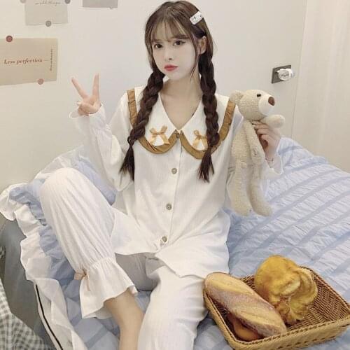 Autumn Winter Womens Lolita Pajama Sets cute kawaii Ladies Pyjamas Set Sleepwear Loungewear cotton plus size home wear princess