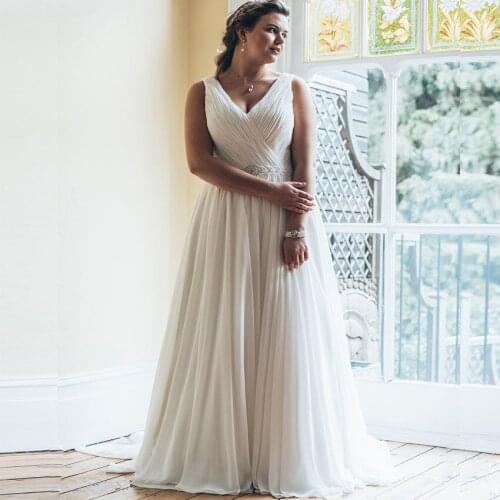 Beach Wedding Dresses v-Neck Wedding Gown Chiffon A-Line White Tulle Sexy Simple Custom Made Bridal Gown with Beaded Sashes