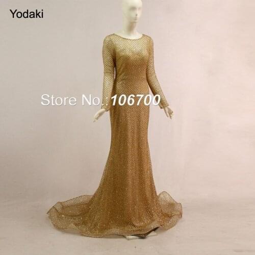 Real Photos Glitter Fabric Mermaid Formal Evening Dresses Long Sleeves Boat Neck V Back Sheer Illusion Long Pageant Prom Gowns