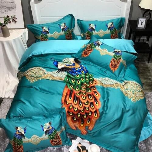 Luxury blue red peacock 100S Egyptian cotton digital printing Bedding sets Queen King Duvet cover Bed sheet set Pillowcases 4pc