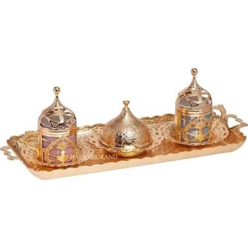 Luxury Turkish porcelain coffee pot set and plates DOUBLE COFFEE SET - HÜRREM COLOR - WHITE- -YELLOW-TIN-ANTIQUE COPPER-ANTIQUE