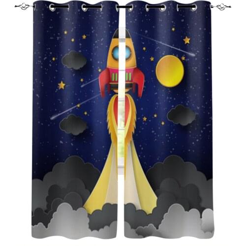Space Rocket Launch on Full Moon Window Curtains for Living Room Luxury Kitchen Bedroom Drapes Home Decor Backdrop Curtain
