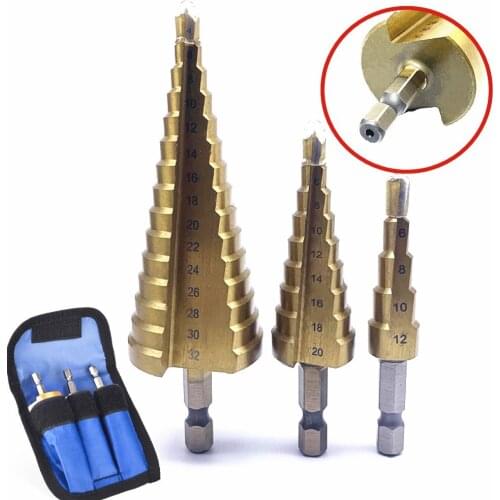 3Pcs/set 4-12mm 4-20mm 4-32mm HSS Straight Groove Step Drill Bit Titanium Coated Wood Metal Hole Cutter Core Drilling Tools Set