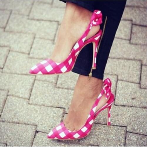 Fashion Orange White Pink Plaid Slingback Pumps Pointy Toe Back Bow High Heels Shoes Cut-out Shallow Dress Shoes Size 42