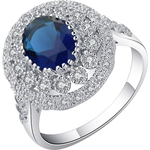 UFOORO brand new flower ring luxury jewelry starry sky blue crystal zircon finger ring comfortable band for female gift