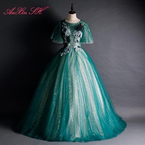 AnXin SH vintage princess sparkly green lace o neck batwing sleeve ruffles beading crystal flower bride host evening dress