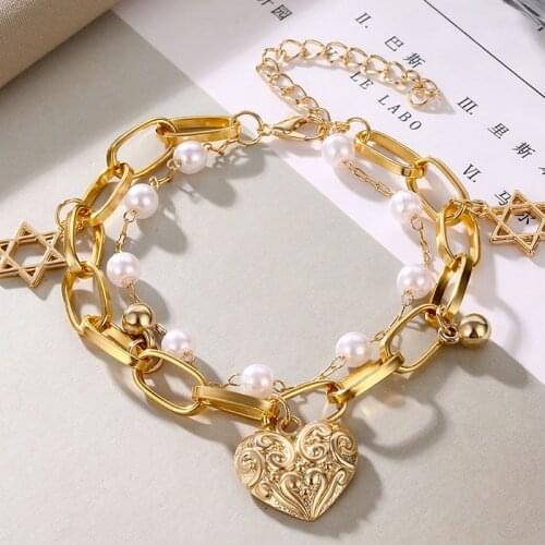 FNIO Vintage Heart Pendant Bracelets Bangles Women Punk Chunky Imitation Pearl Chain Bracelet 2020 Couple Wedding Jewelry Gifts