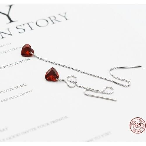 LKO 925 Sterling Silver Peach Heart Red Zircon Ear Line Tassel Earrings Long For Women Simple Temperament Heart Shaped Earrings