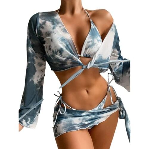 Female 4 Pieces Swimsuits Set Blue Tie Dye Print Strappy Bikini Tops Long Sleeve Smock Panties Skirt For Women 4pcs Bathing Suit