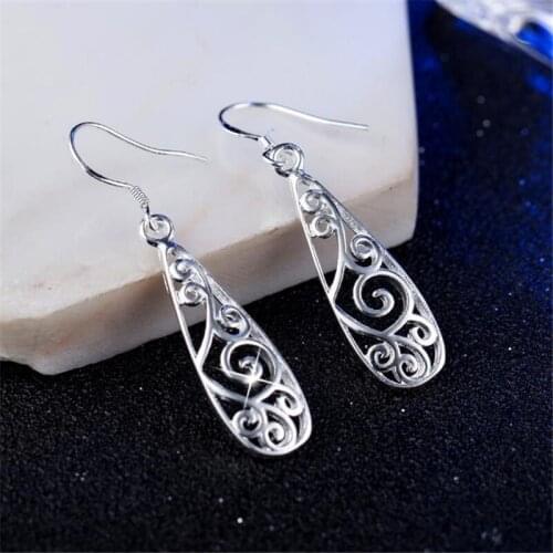 KOFSAC Latest 925 Sterling Silver Earrings Jewelry Vintage Carved Flower Shaped Drop Earrings For Women Engagement Party