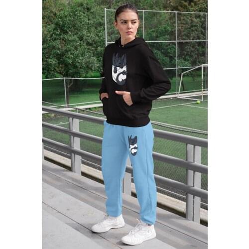 Angemiel Wear Baby Dragon Women Tracksuit Set Black Hooded Sweatshirt Blue Sweatpants