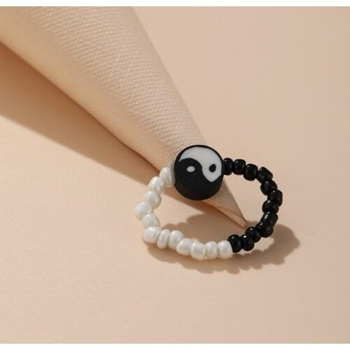 Taiji Creative Personality Rice Bead Elastic Ring Black And White Tai Chi Gossip Ring Ring Index Finger Ring For Women