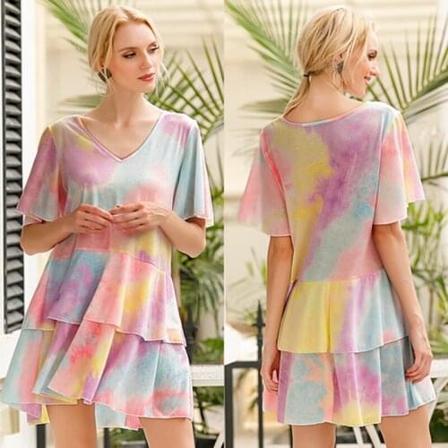 Women Summer Dress Loose A-Line O-Neck Mini Dresses Short Sleeve Beach Holiday Tie-Dye Ladies Sundress