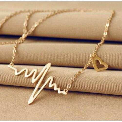 Women Charm Heartbeat Electrocardiogram Necklace Jewelry Heartbeat Rhythm with Dangling Heart necklace