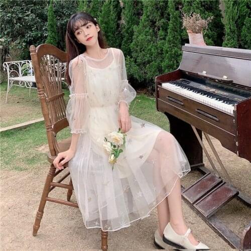 Sannian Women Two-piece Sequin Embroidered Dress Summer New Fairy Dresses Female Summer 202 New Mesh Dresses Ladies Clothes