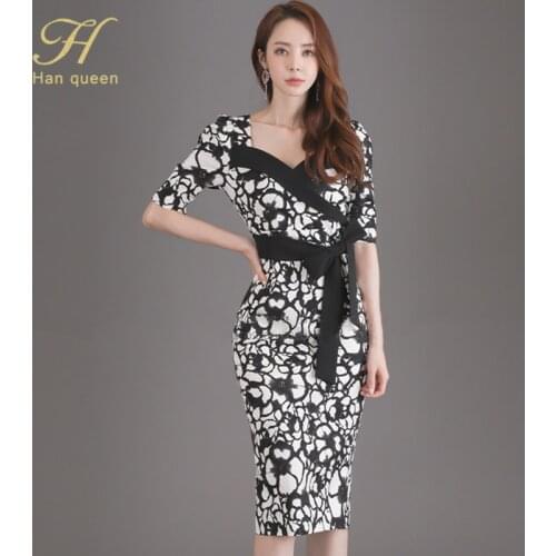 H Han Queen Flower Print Fashion Pencil Dress Women Casual Dresses Office Lady Evening Party Sexy Elegant Simple Series Vestidos