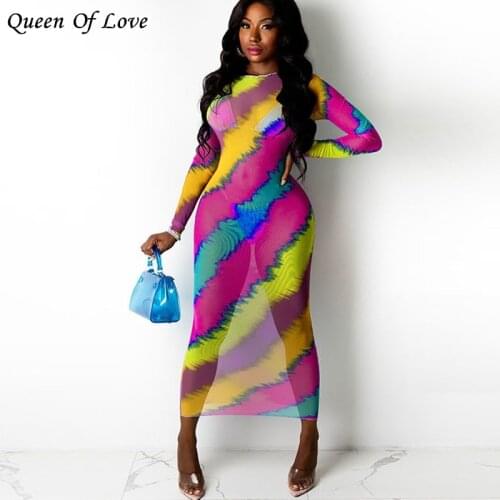 Striped Print Mesh Midi Dress For Women See Through Sexy Midnight Club Party Bodycon Long Sleeve Dresses 2021 Summer Outfit