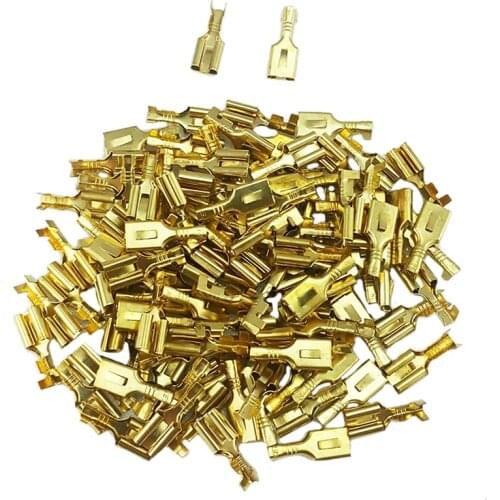 100pcs/set Non-insulated 6.3mm Gold Brass Female Spade Quick Splice Crimp Terminals Connectors for 1-1.5mm2 Electric Cable Wire